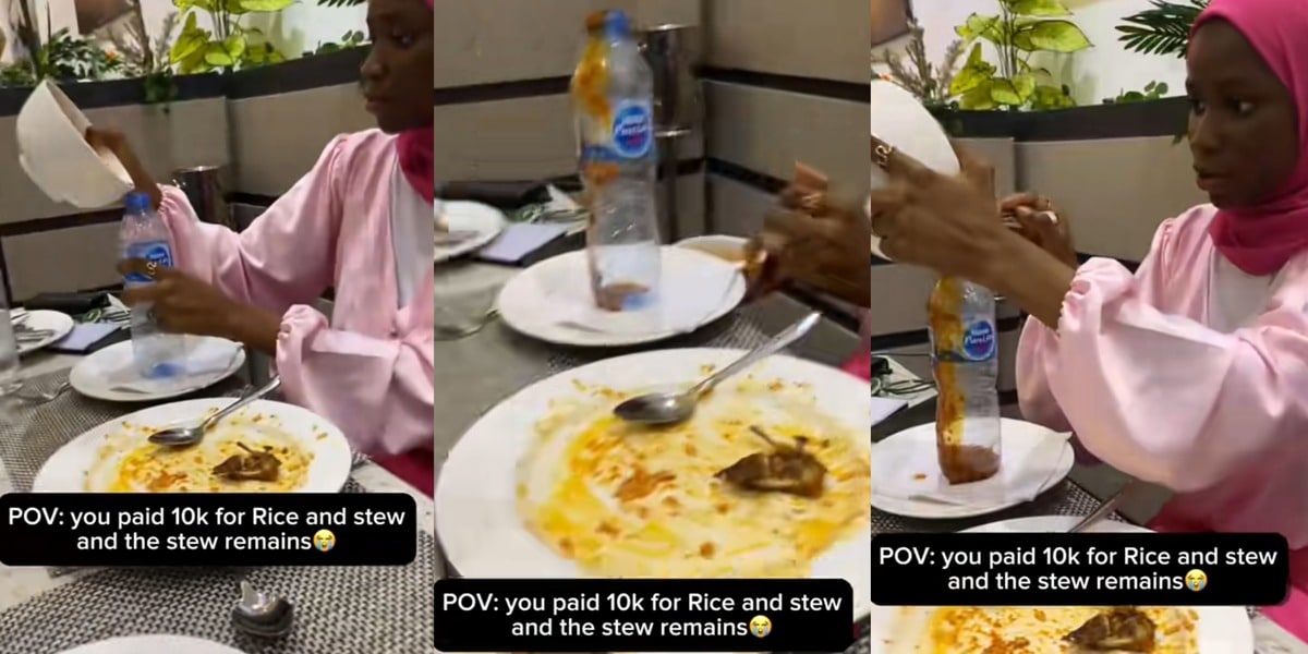 Nigerian lady saves leftover stew in water bottle, takes it home after finishing rice from ₦10k meal
