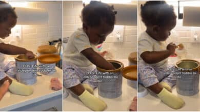 Mother in shock after entering the kitchen only to find her little daughter preparing her own meal herself