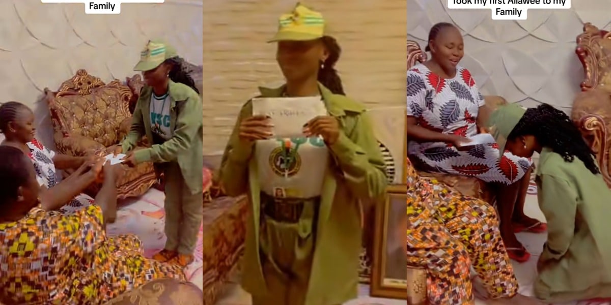 Youth corps member presents first NYSC allowance of ₦33,000 to her parents, salutes them