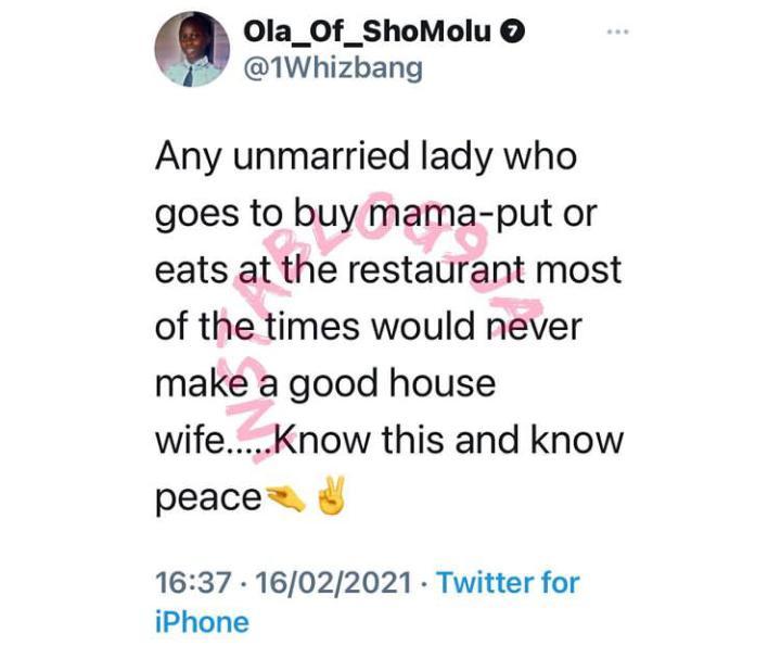 Lady who eats out won’t make a good housewife