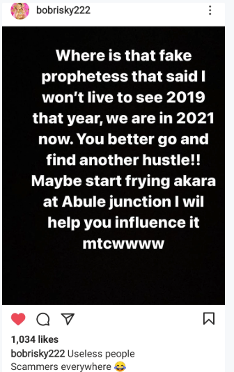 Bobrisky mocks Prophetess who claimed that he won't make it through 2019