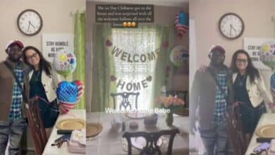 Romantic moment Oyinbo woman specially welcomes her Nigerian husband home
