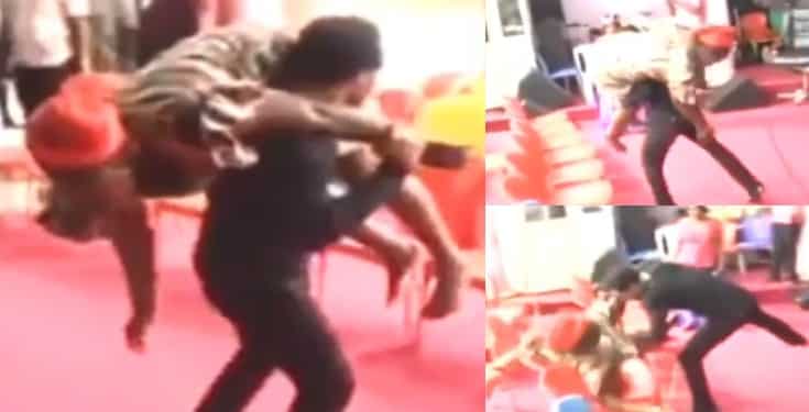 Pastor Chukwuemeka Odumeje body slams a disabled woman ontop of chairs (Video)