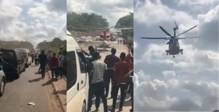 Moment a helicopter flew in to pick up a Nigerian Billionaire stuck in traffic (Video)