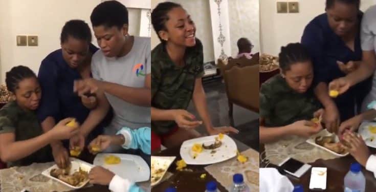 Regina Daniels and her friends playfully fight for last ball of eba (video)