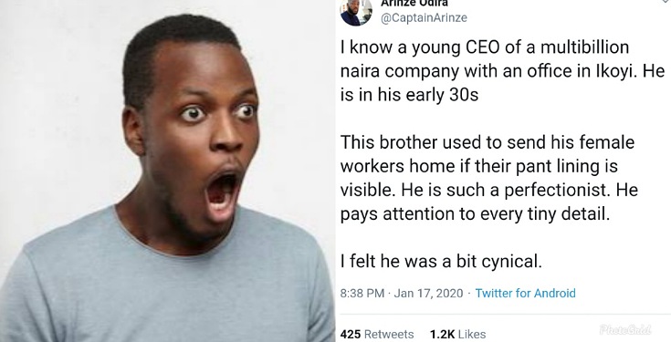 Man narrates how CEO of Lagos company sends female staff home over their  pant lines showing