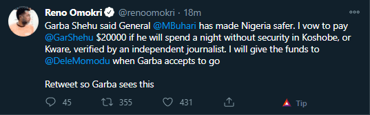 Reno Omokri offers Garba Shehu N7.6m to spend a night without security after declaring Nigeria is safe
