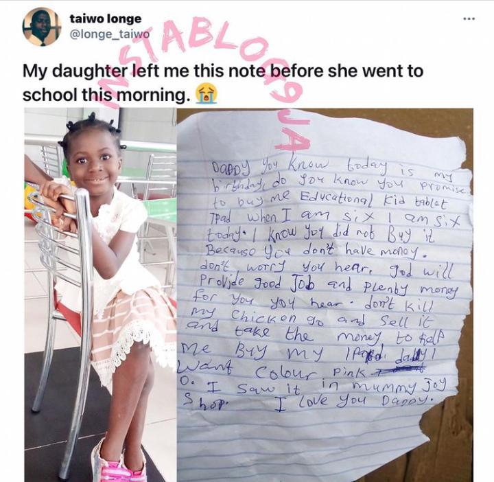 girl writes her father a note