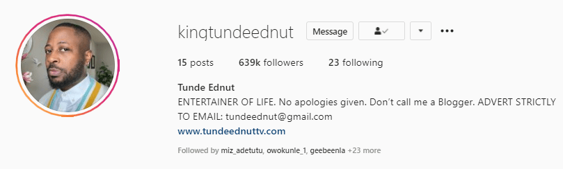 Tunde Ednut hits 600k followers under 9 hours of return to Instagram