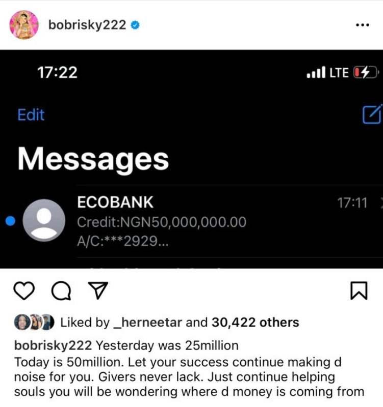 "Givers never lack" - Bobrisky says as he flaunts N50M credit alert