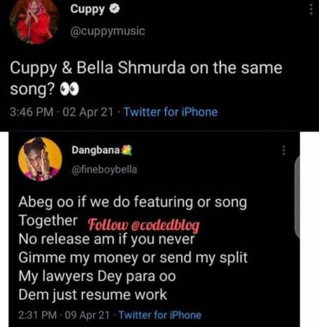 "Pay me, my lawyers dey para" - Bella Shmurda shades DJ Cuppy over future collaboration