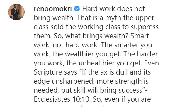 "Hard work does not bring wealth" - Reno Omokri insists, calls it unhealthy