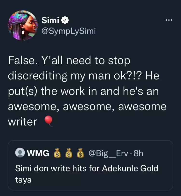 Singer, Simi slams troll who insinuated that she's the brain behind Adekunle Gold's hit songs