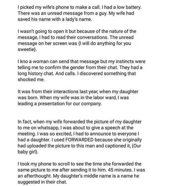 "My daughter's middle name was a name he suggested in their chat" - Man narrates how he found out that his daughter was not his