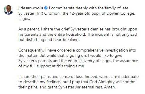 Lagos State Governor, Sanwo-Olu reacts to Sylvester Oromoni's death