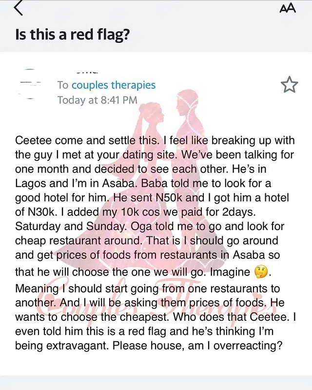 Lady makes move to end relationship as prospective boyfriend quest her to hunt for the cheapest restaurant in town