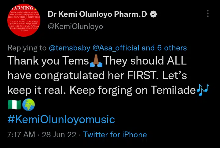 Kemi Olunloyo dragged over comment on Tems' post 