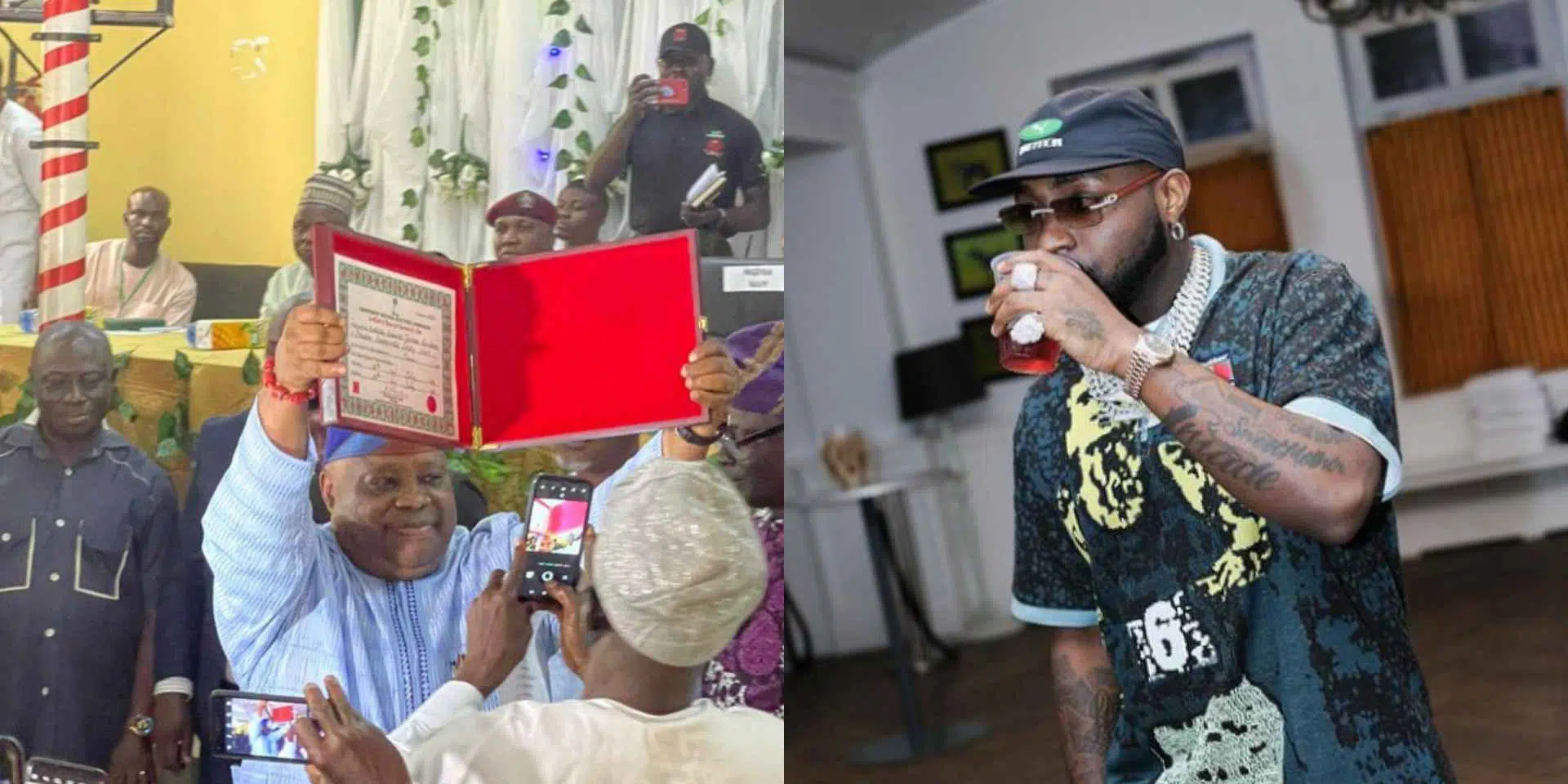 Davido congratulates uncle, Ademola Adeleke, as he receives his Certificate of Return