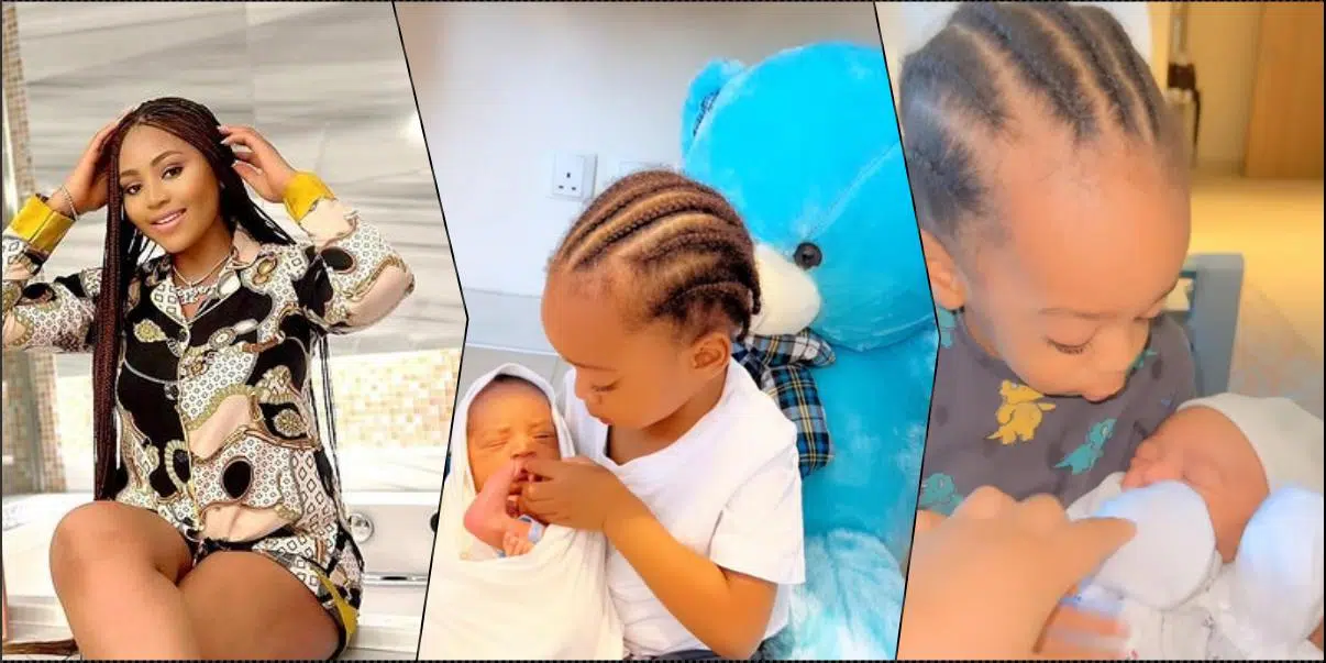 Adorable moment Regina Daniels' son, Munir, takes up big brother role (Video)