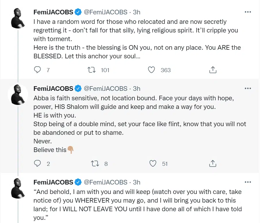Don’t fall for that silly, lying religious spirit - Femi Jacobs tells those who relocated and are now secretly regretting it