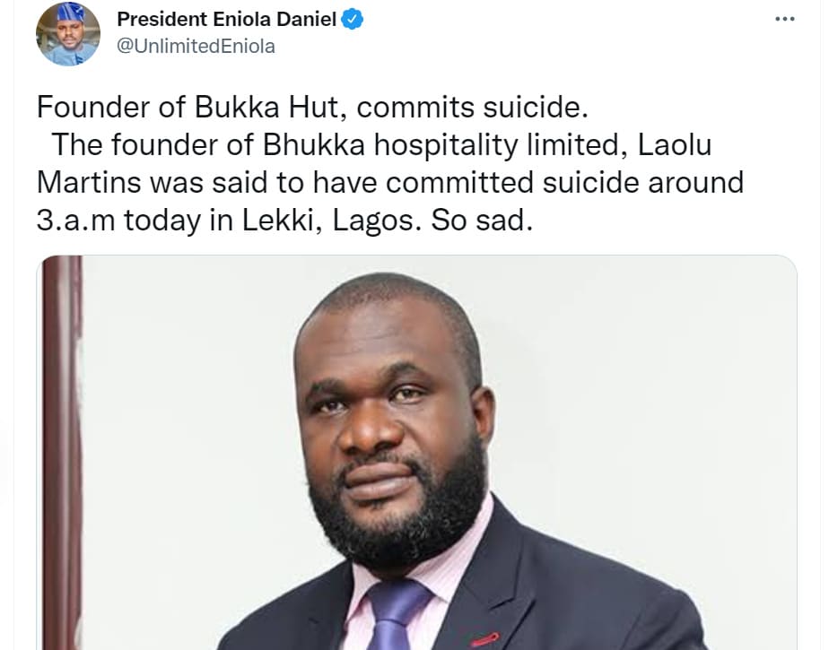 Founder of Bukka Hut, Laolu Martins commits suicide