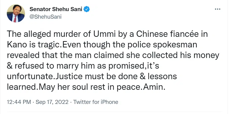 Senator Shehu Sani explains why a Chinese man stabbed a young Kano girl to death