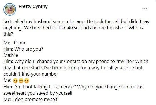 Husband questions audacity of wife for changing her name on his phone from 'sweetheart' to 'my life'