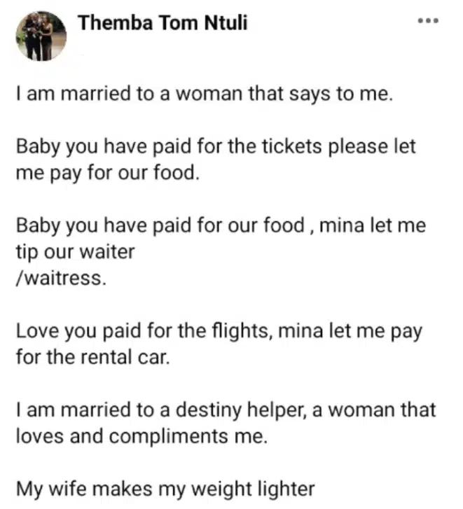 Man brags about wife footing part of their bills