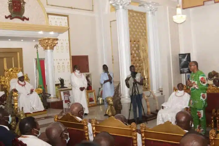 Will you remain clean as Nigeria’s President – Oba of Benin asks Peter Obi during visit