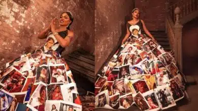 "A Masterpiece" - Fan reacts to Iyabo Ojo's outfit with '150' photos of her and family on it