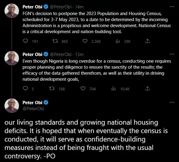 Peter Obi reacts as FG postpones 2023 census