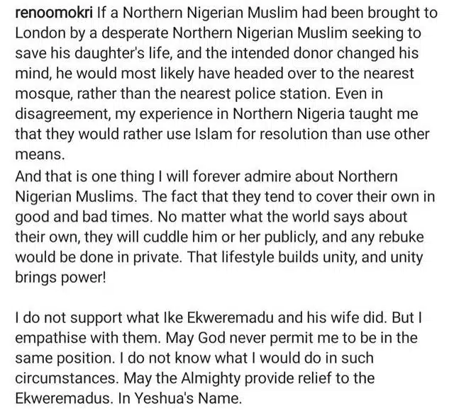 Ekweremadu: "A Northern Nigerian would've reported at mosque not police station" — Reno Omokri