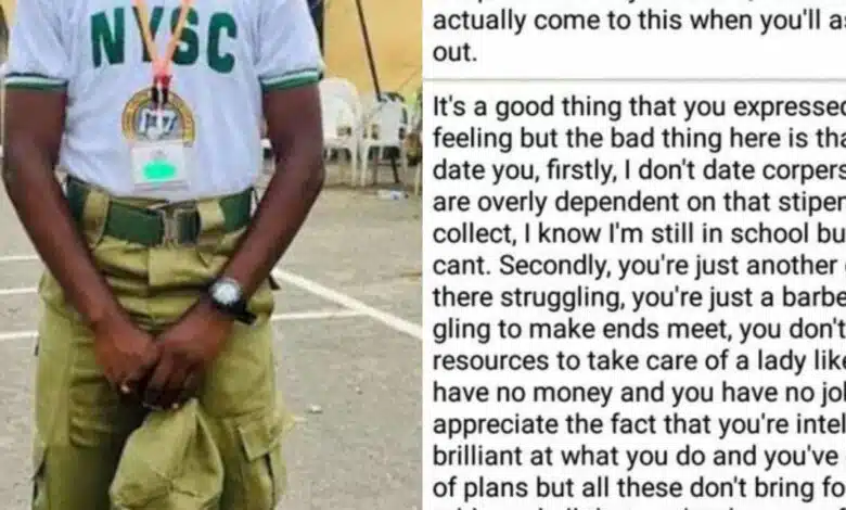 Uni student turns down Youth Corper because he 'doesn’t have resources to take care of girl like her'