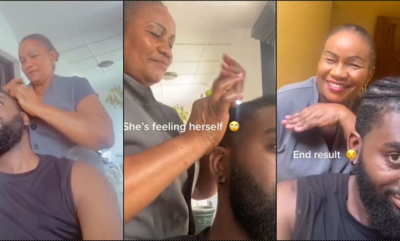 Adorable moment mother plaits grown son's hair (Video)