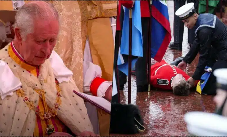 Flagbearer slumps during coronation of King Charles