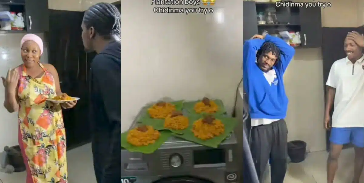 Drama as lady uses plantain leaves to serve her brothers food because they always refuse to wash plates (Video)