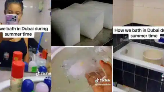 "This is how we bath in Dubai" - Nigerian lady reveals ice block bathing saves them from hot weather