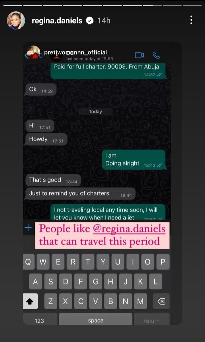 WhatsApp chat between Regina Daniels and lady