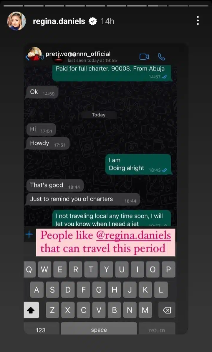 WhatsApp chat between Regina Daniels and lady