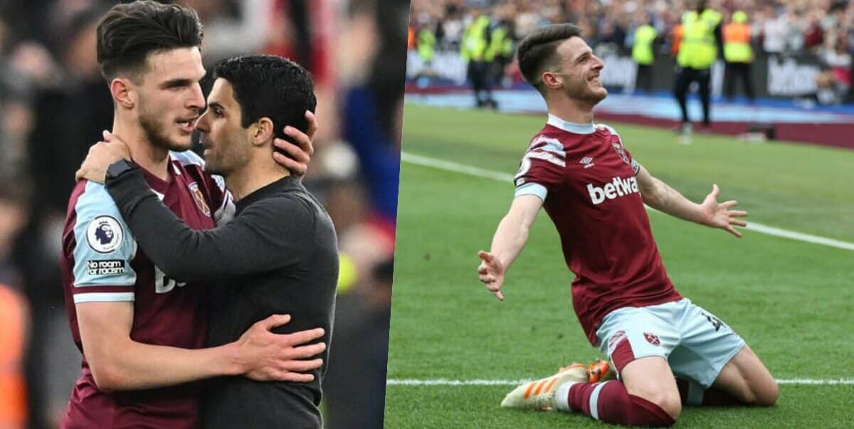 West Ham United's Declan Rice celebrates scoring his side's first goal during the Premier League match between West Ham United and Leeds United at London Stadium