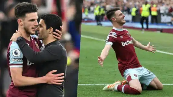 West Ham United's Declan Rice celebrates scoring his side's first goal during the Premier League match between West Ham United and Leeds United at London Stadium