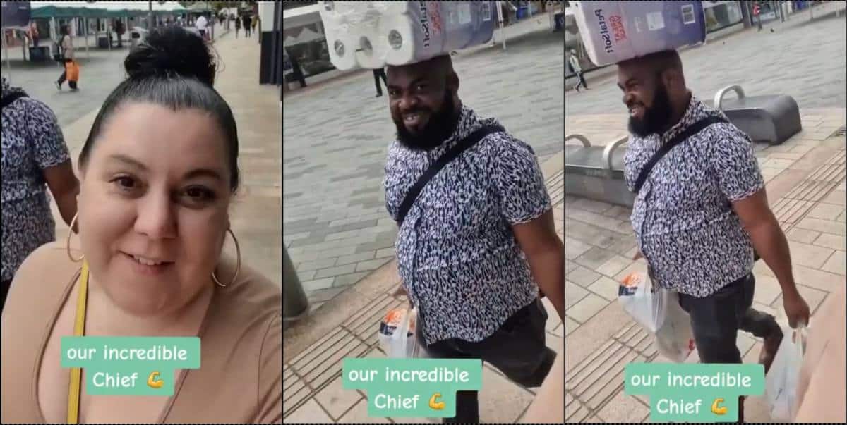 Wife gushes as Nigerian husband carries load on his head abroad (Video)