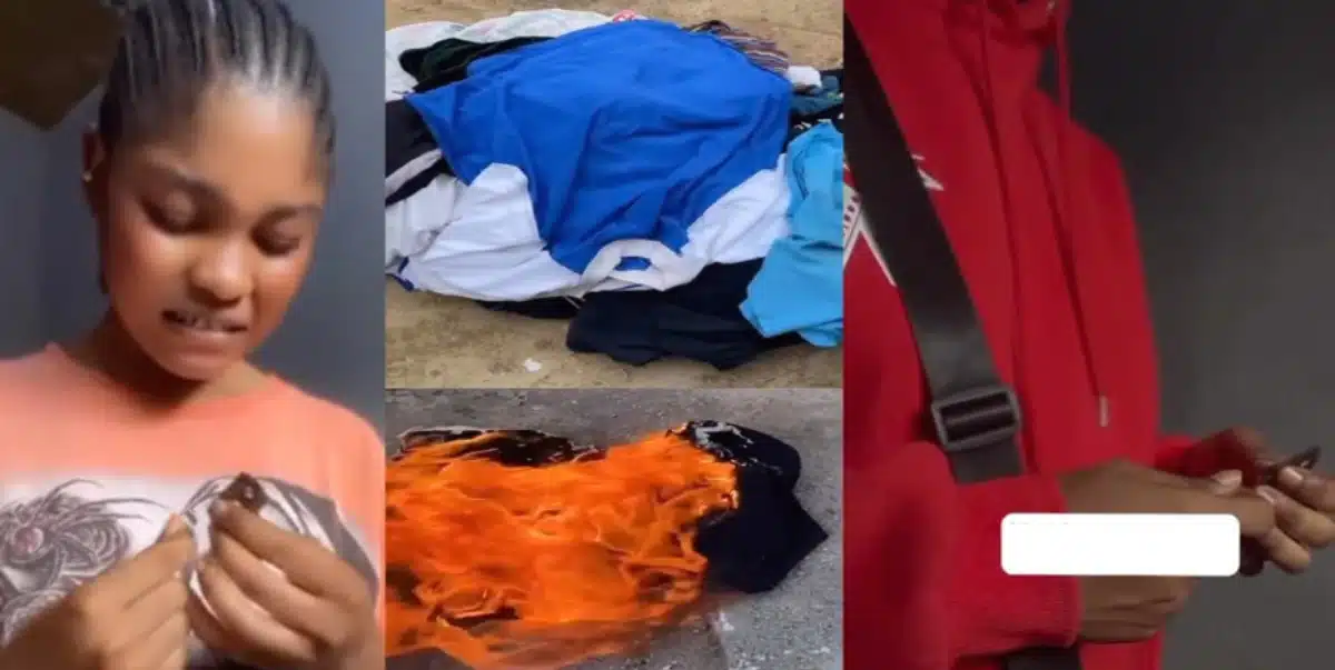 Lady sets boyfriend's clothes on fire after alleged cheating despite taking blood oath (Video)