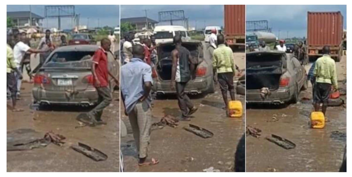 Nigerian man converts fuel car to use gas, regrets decision as the car catches fire on highway (Video)