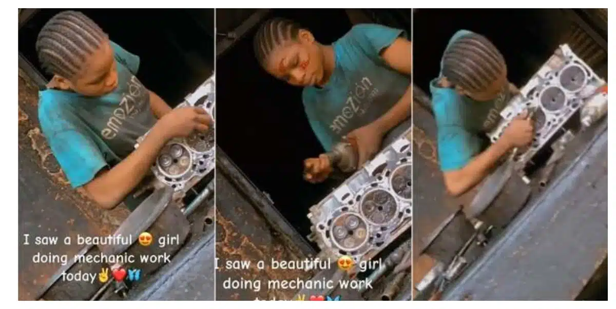 Beautiful Nigerian girl caught on camera fixing engines at mechanic workshop (Video)