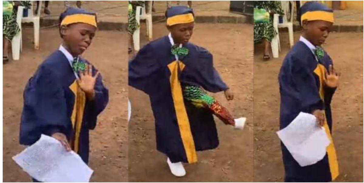 Little boy celebrates with joyous dance as he finishes his primary school education (Video)