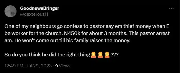 Pastor gets church member arrested after confessing to stealing N450K