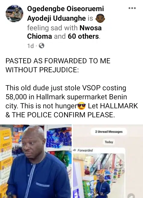 Edo 'big man' caught stealing bottle of Hennessy VSOP worth N58,000 from supermarket