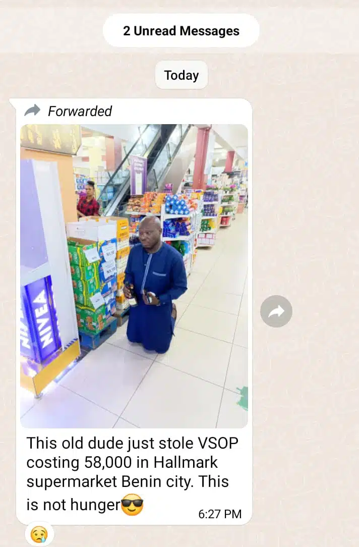 Edo 'big man' caught stealing bottle of Hennessy VSOP worth N58,000 from supermarket