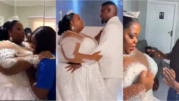 "No be small struggle" - Drama as 5 people struggle to wear wedding gown for plus size bride (Video)